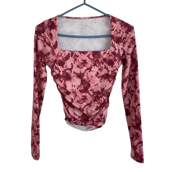 Pink Floral Square Neck Cropped Long Sleeve Top – Ruched, Size Small - Picture 12 of 17